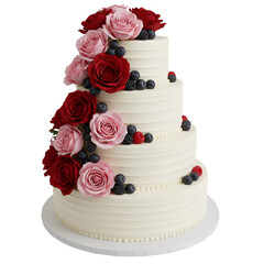 White tiered wedding cake with beautiful red rose flower decorations