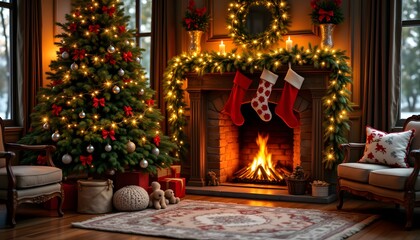 Fototapeta premium The room exudes a festive ambiance, bathed in the warm glow of twinkling miniature lights draped across a verdant conifer