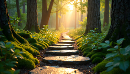 A sunlit forest path leads through a tranquil woodland scene, bathed in golden light.
