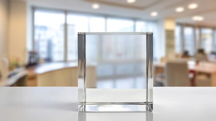 A transparent glass cube rests on a table in a room with a plant visible in the background