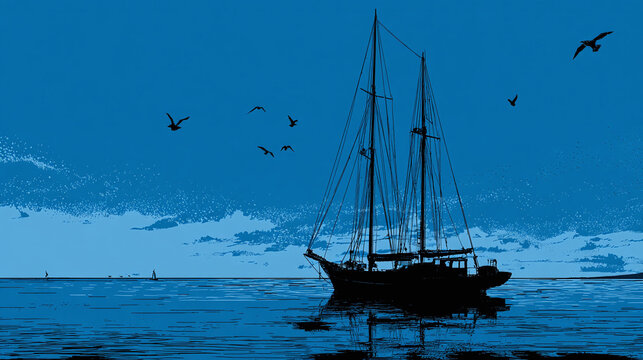 Sailing vessel silhouette on the water. A peaceful scene featuring a two-masted sailboat at sea and bird silhouettes set against a serene blue backdrop.