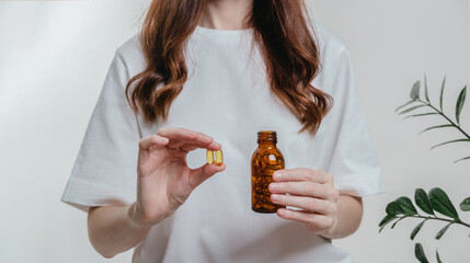 A woman holds omega-3 fish oil capsules. Healthy lifestyle, prevention and treatment of diseases....