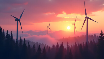 A picturesque sunset illuminates a forest landscape with wind turbines.