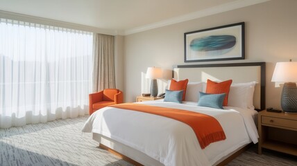 Bright and inviting hotel bedroom showcasing modern interior design elements