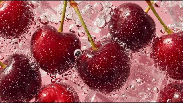Refreshing cherries glistening in a bubbly water environment. The juicy cherries have a vibrant red color. Bubbles add a fresh touch to the photo
