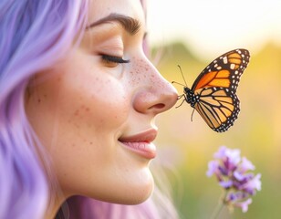 A beautiful young woman with long lilac hair and butterfly 
