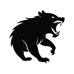 Fierce rabid bear head with open mouth and sharp claws silhouette banner design