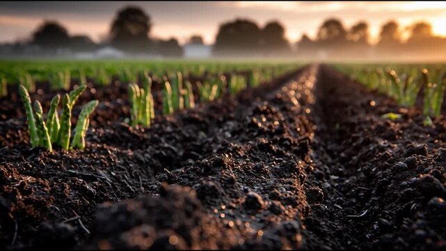 Rows of newly planted asparagus growing on a farm under the sunlight, the perfect agricultural image