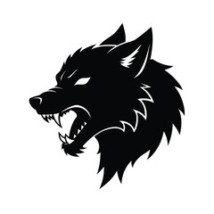 Fierce wolf head howling upward with bared teeth in a striking silhouette style