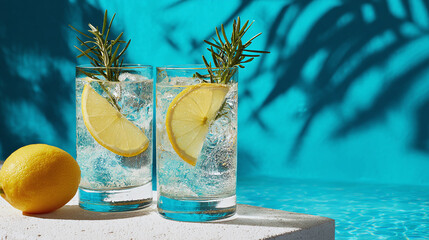 Refreshing citrus drinks sit by the pool under palm shadows. Perfect for a summer day!  Lemon slices & herb sprigs garnish the sparkling beverage.