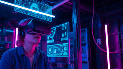  Immersive VR Experience: User Exploring a Digital World with Glowing Interfaces