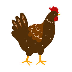 Cute brown hen vector illustration in flat style. Farm bird character with simple decorative feathers. Perfect for children’s design, farm-themed projects, packaging.