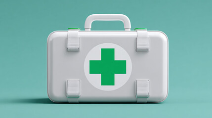 Obraz premium White first aid kit with a green cross on a green background. Portable medical supplies, health, and safety.