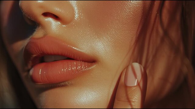 Close-up of beauty routine with glowing lips and soft skin in natural light during afternoon