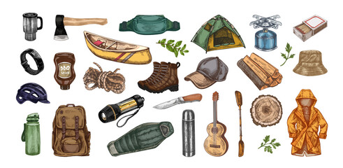 Hand drawn vintage sketch of camping and hiking gear set in color with tent, boots, axe and kayak