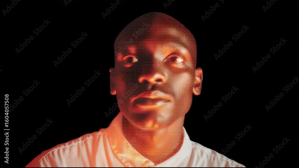 Poster man with closed eyes in glowing orange visual display exploring abstract art concepts in digital env