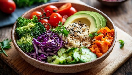 A colorful assortment of avocado, tomatoes, and broccoli in a healthy meal.