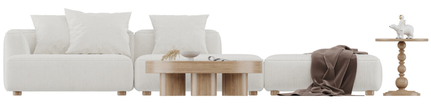 Front view PNG of white modern sofa with low coffee table and wooden side table with polar bear decor on transparent background with shadows
