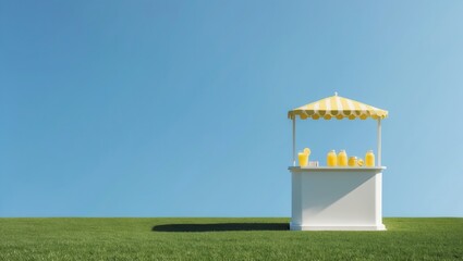 A vibrant lemonade stand with a striped canopy set against a clear blue sky and green grass
