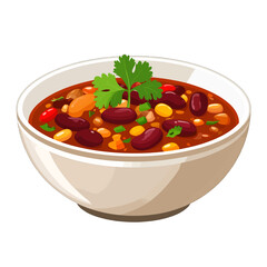 Hearty bowl of chili con carne with kidney beans, corn, and a fresh cilantro garnish, cartoon vector illustration.