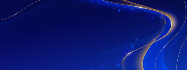 Luxury award ceremony backdrop with blue gradient waves, golden curved lines, sparkling particles and elegant flowing shapes. Premium celebration design for events, achievements and recognitions.