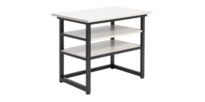 Modern wooden office and dining furniture, including chairs, stools, and a table, in a simple brown interior design