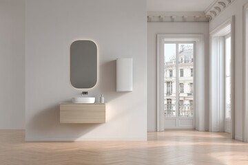 Modern, light-filled bathroom with a wooden vanity and large mirror