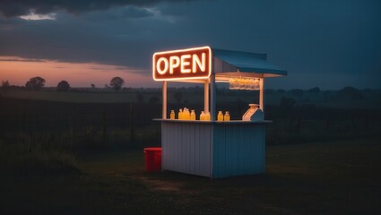 A brightly lit open food stall against a twilight sky, surrounded by fields, creating a welcoming ambiance