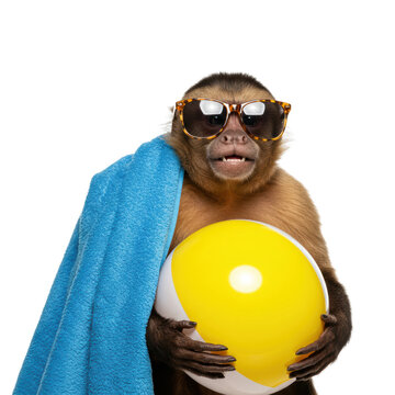 A capuchin monkey is ready for fun with a beach ball and sunglasses.