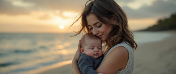Loving mother cradles sleeping baby at sunset beach