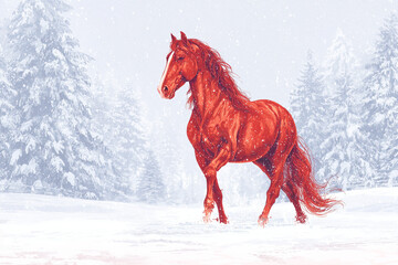 New Year card with a picture of a horse against the background of a forest. Christmas 2026