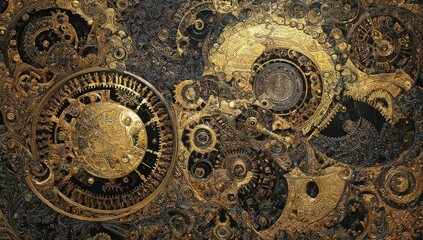 Intricate gears and clockwork, gold and dark