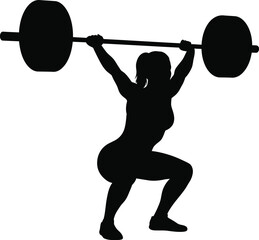 Silhouette of Female Weightlifter Performing a Squat Clean with a Barbell Overhead on White
