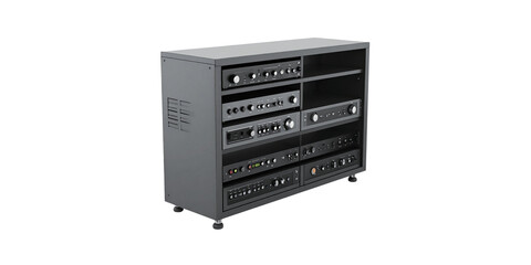 Obraz premium Isolated retro audio rack with vintage stereo equipment and a portable boombox