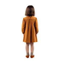 A little girl wearing an amber long-sleeved dress stands on a  Transparent background PNG