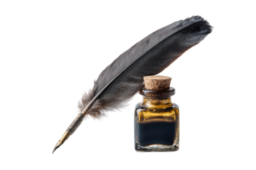 A quill pen and inkwell.  A gray and brown feather quill pen rests beside a small, amber-topped glass ink bottle filled with dark ink