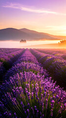 Fototapeta premium Lavender Field at Sunrise: An enchanting scene of a lavender field stretching towards the horizon, kissed by the gentle light of sunrise, as the air becomes filled with a dreamlike haze.