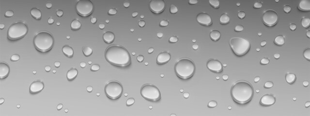 Waterdrop beads on gray surface - crystal clear droplets with shadows, various sizes of pure water spheres scattered on smooth backdrop. Fresh moisture elements for beverage advertising, rain effects.