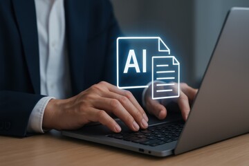 Modern Business Person Using Laptop with AI Icon and Document Symbol in Office Setting Focused on Innovation and Technology Advancement