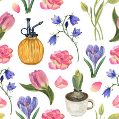 Watercolor seamless pattern with soft spring flowers. Delicate tulips, crocus, bluebell, hyacinth and garden water sprayer in white background