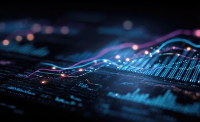 Abstract data visualization, glowing lines and charts