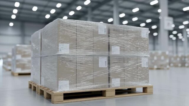 Multiple packed shipment boxes covered in plastic organized on a pallet in a large distribution warehouse.