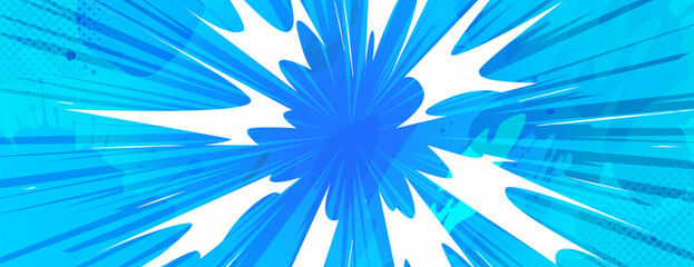Fototapeta na wymiar Anime explosion radiating bright blue energy beams outward from center. Comic style burst with dynamic motion, sharp rays on bright halftone background for manga battle scenes and superhero action.