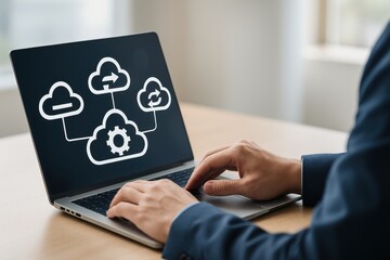 Cloud Computing Concept with Hands Using Laptop in Modern Office Interior for Digital Technology and Innovation Imagery