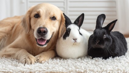 The idea of animal care and veterinary services is conveyed through a visual collage comprising a hamster, rabbit, cat, and dog positioned on a white background