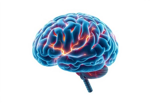 A human brain with sparking lightning bolts, isolated on white,   mental,  neuroscience