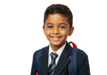Smiling young boy in school uniform with backpack isolated on transparent background
