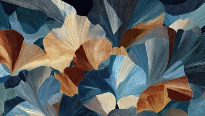 Abstract floral design with overlapping, textured, light and dark blue, beige, and brown leaves