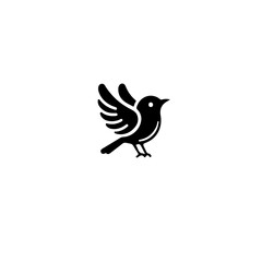 A simple black and white illustration of a bird with its wings spread ready for flight on white background
