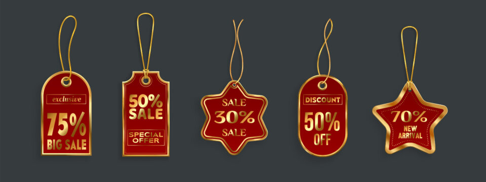 Red sale tags with gold string attachments - promotional price labels with discounts text signs. Retail marketing badges for exclusive offers, special deals, new arrivals with elegant golden borders